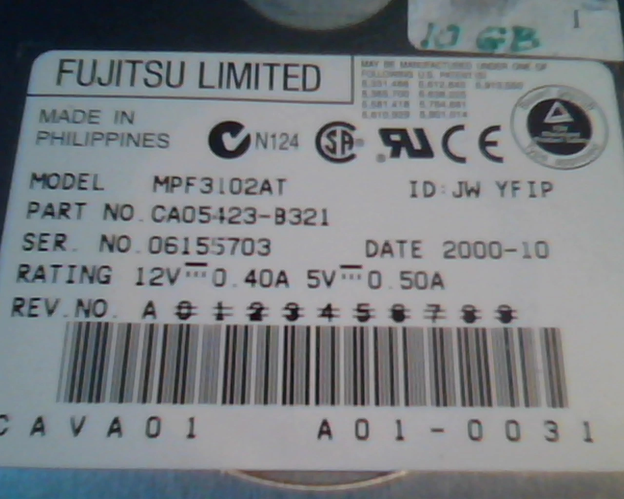 Hard Drive Disk IDE Fujitsu Limited MPF3102AT CA05423-B321 2000-10 A01-0031 - image 2