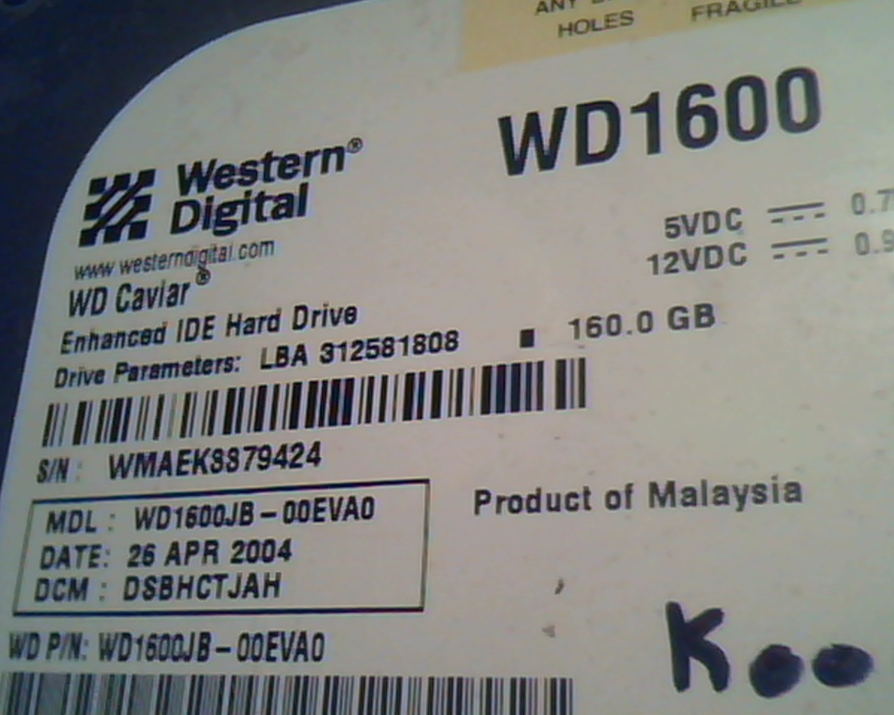 Hard Drive Disk IDE Western Digital Caviar WD1600JB-00EVA0 DSBHCTJAH WD1600 160 - image 2