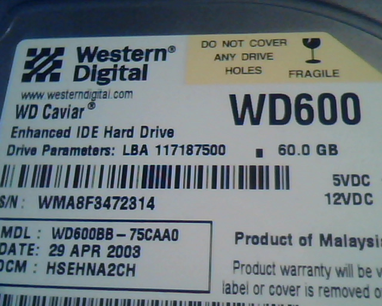 Hard Drive Disk IDE Western Digital Caviar WD600BB-75CAA0 HSEHNA2CH 60GB 00X439 - image 2