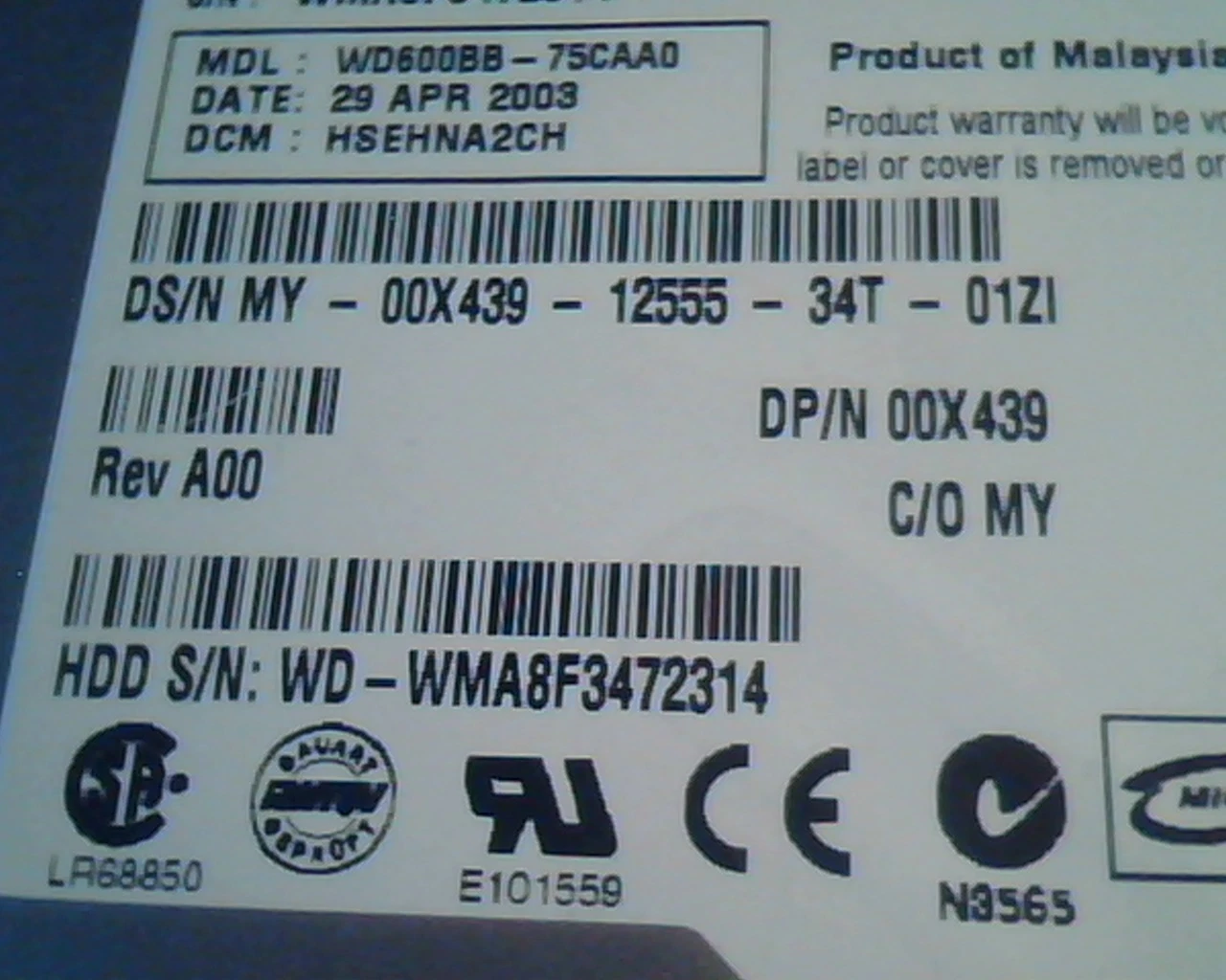 Hard Drive Disk IDE Western Digital Caviar WD600BB-75CAA0 HSEHNA2CH 60GB 00X439 - image 3