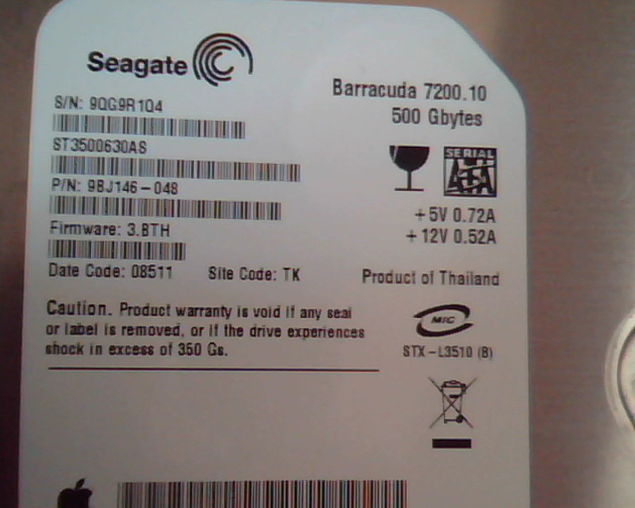 Hard Drive Disk SATA Seagate Barracuda ST3500630AS 9BJ146-048 7200.10 500GB