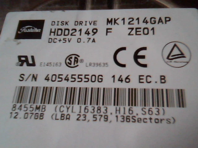 2.5 in Hard Disk Drive IDE Toshiba MK1214GAP HDD2149 F ZE01 - image 2