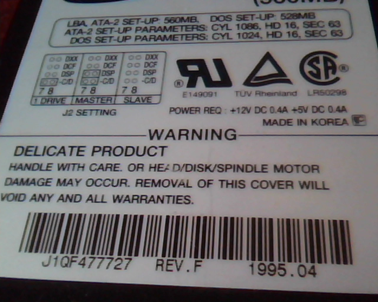 Hard Disk Drive IDE Samsung SHD-30560A J1QF477727 Rev F 560MB - image 2