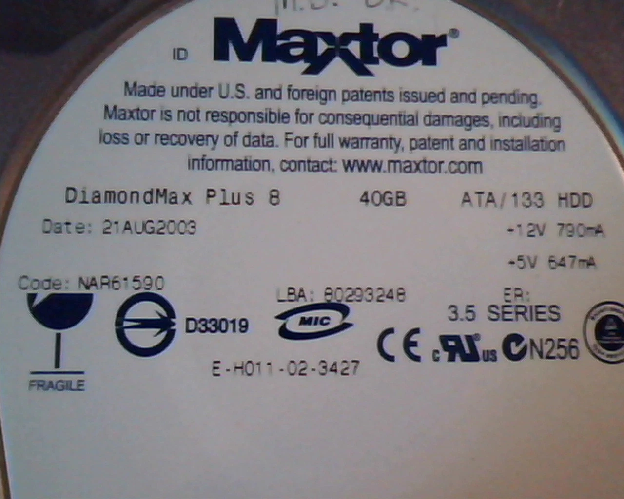 Hard Disk Drive IDE Maxtor DiamondMax Plus 8 NAR61590 80293248 6E040L0510605