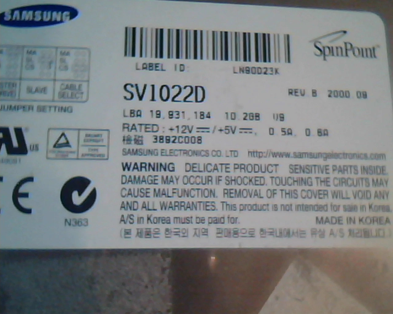 Hard Disk Drive IDE Samsung SpinPoint SV1022D 10.2GB LN90D23K Rev B