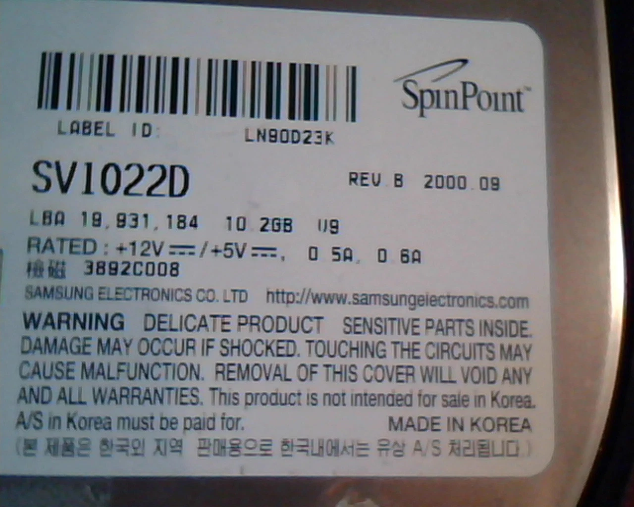 Hard Disk Drive IDE Samsung SpinPoint SV1022D 10.2GB LN90D23K Rev B - image 2