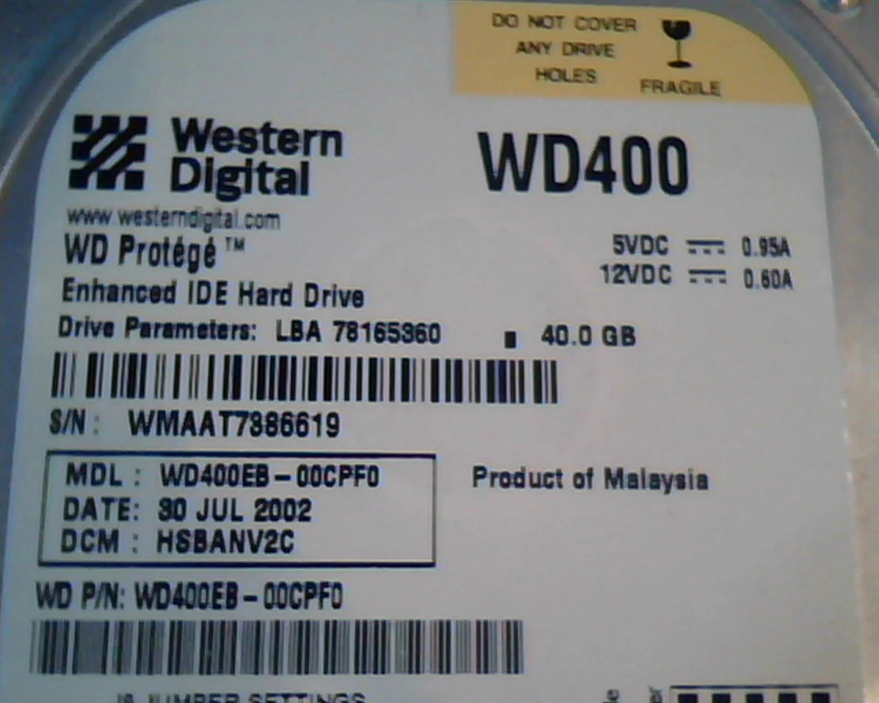 Hard Disk Drive IDE Western Digital Protege WD400EB-00CPF0 HSBANV2C 78165360