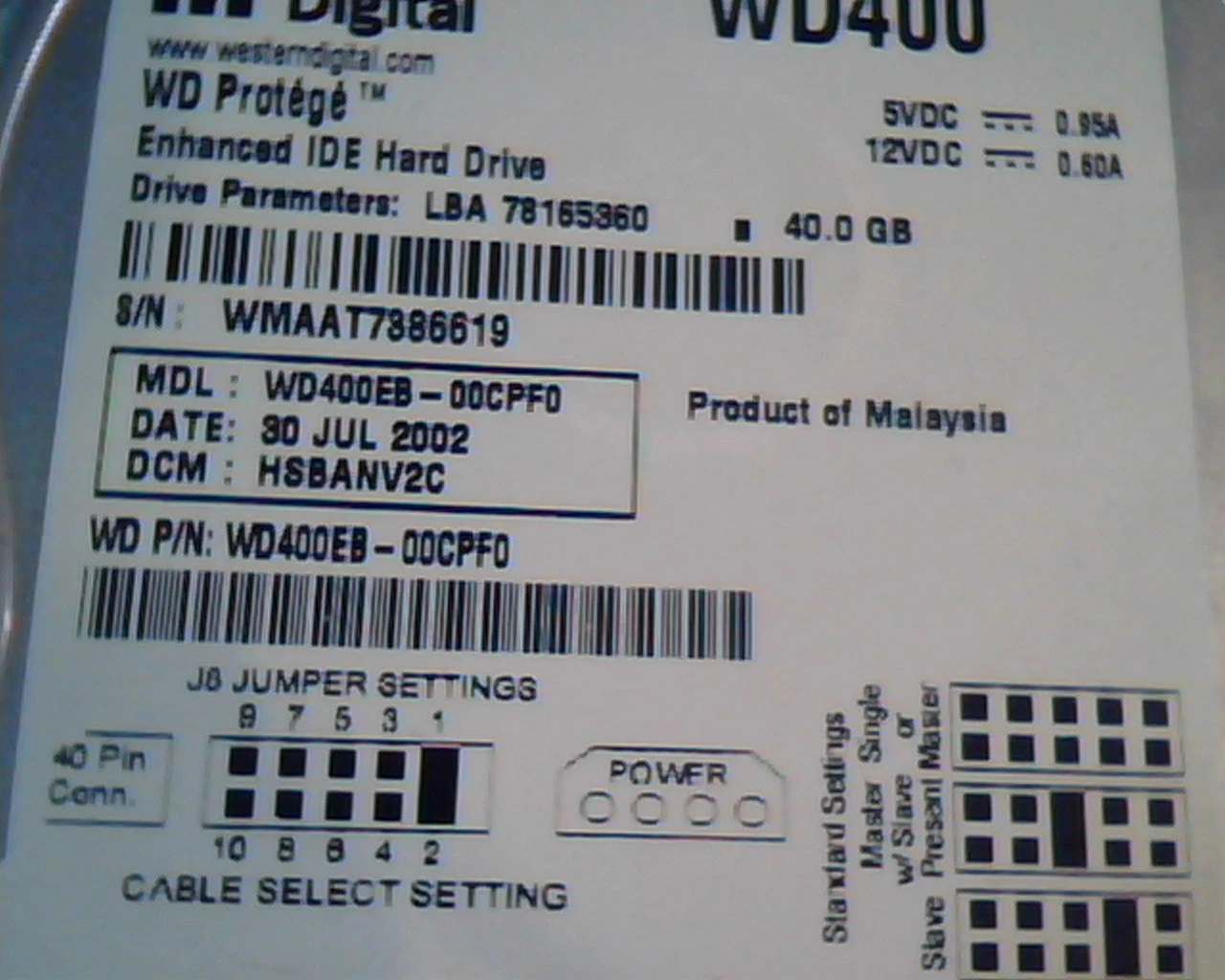 Hard Disk Drive IDE Western Digital Protege WD400EB-00CPF0 HSBANV2C 78165360 - image 2