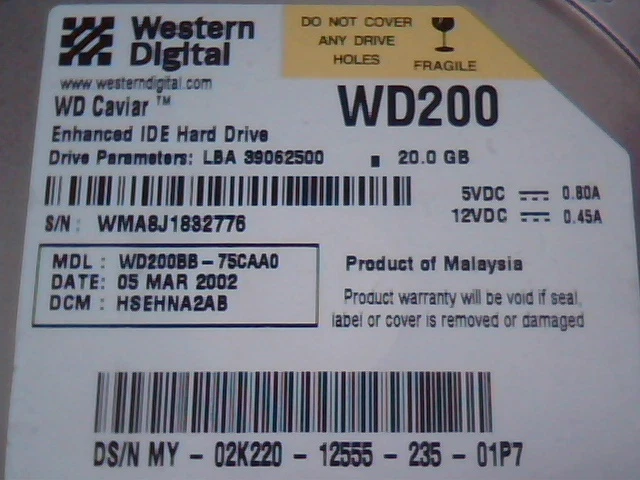 Hard Disk Drive Western Digital Caviar WD200 WD200BB-75CAA0 2060-001092-007