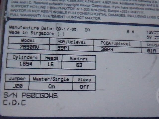 Hard Disk Drive Maxtor 7850AV P60CGDWS HDD 59P1 38P3 01A C,D,C