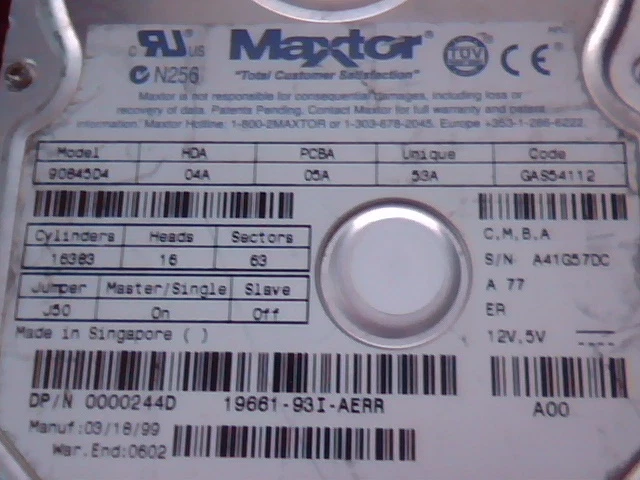 Hard Disk Drive IDE Maxtor 90845D4 04A 05A 53A GAS54112 0000244D