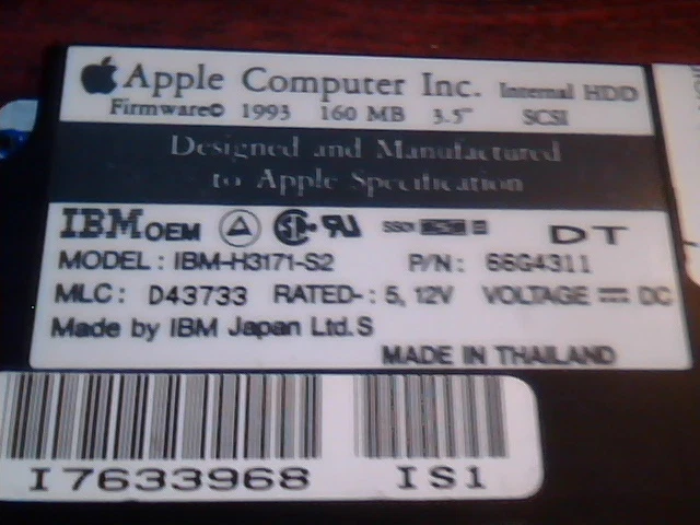 Hard Disk Drive IBM OEM IBM-H3171-S2 P/N 66G4311 SCSI D43733 160MB Apple