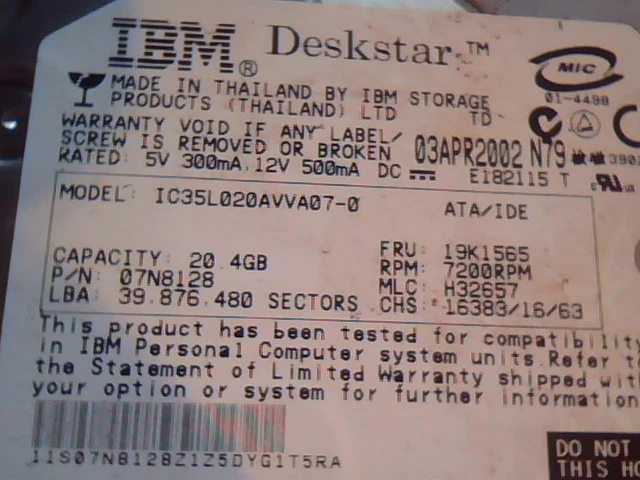 Hard Drive IBM Deckstar P/N 07N8128 IC35L020AVVA07-0 20.4GB 19K1565 H32657 IDE