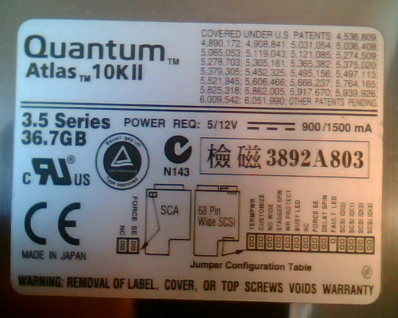 Hard Drive Disk Quantum Atlas 10KII 10K II TY36L011 Rev 01-F DDD6 35.7L 3892A803