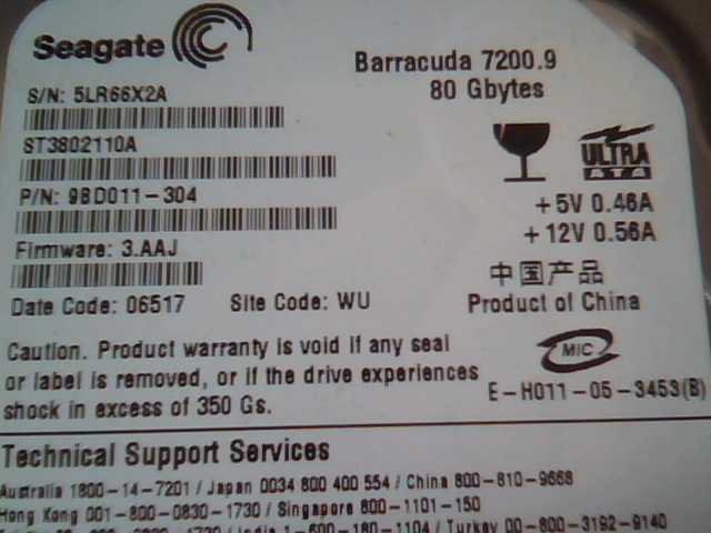 Hard Drive IDE Seagate Barracuda 7200.9 ST3802110A 9BD011-304 80GB 3.AAJ 06517
