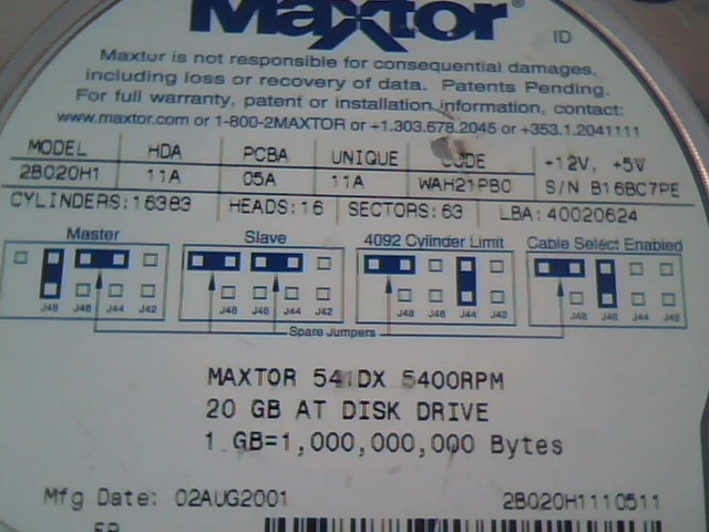 Hard Drive IDE Disk Maxtor 2B020H1 40020624 WAH21PB0 20GB