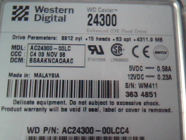 Hard Disk Drive Western Digital Caviar 24300 AC24300-00LCC4 BSAAKNCAOAAC IDE