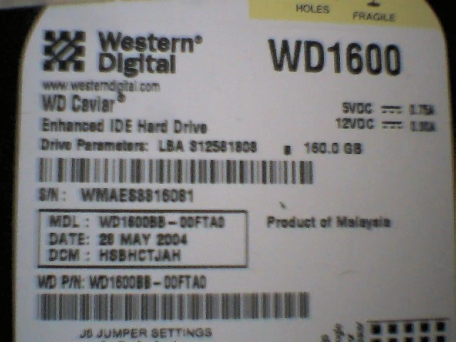 Hard Drive Disk HDD IDE WD Caviar WD1600 160GB WD1600BB-00FTA0 26 MAY 2004 - image 8