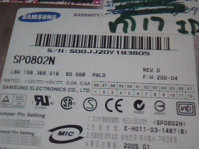 Hard Disk Drive IDE Samsung SP0802N Rev D 200-04 80GB PALO 158,368,016 - image 2