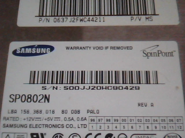 Hard Disk Drive IDE Samsung SP0802N Rev A 80GB PALO SpinPoint 156,368,016 - image 2
