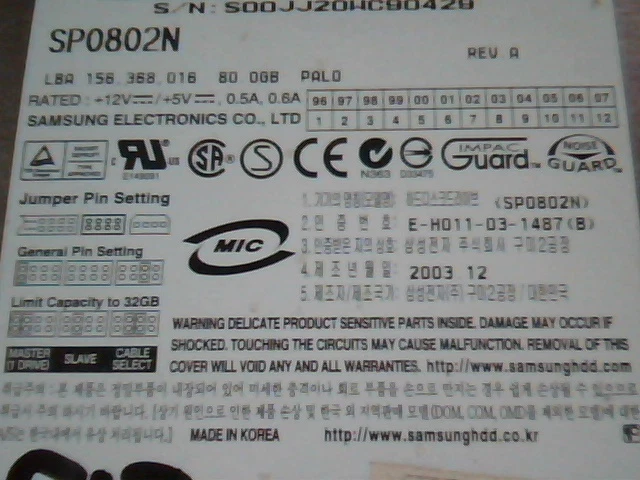Hard Disk Drive IDE Samsung SP0802N Rev A 80GB PALO SpinPoint 156,368,016 - image 3