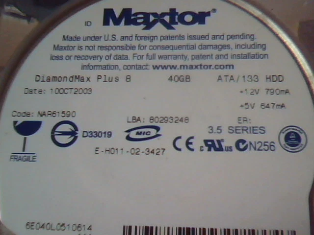 Hard Drive IDE Maxtor E-H011-02-3427 DiamondMax Plus 8 40GB NAR61590 80293248