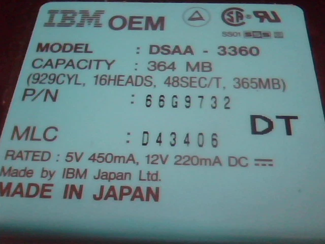 Hard Drive IDE Disk IBM DSAA-3360 66G9732 D43406 364 MB