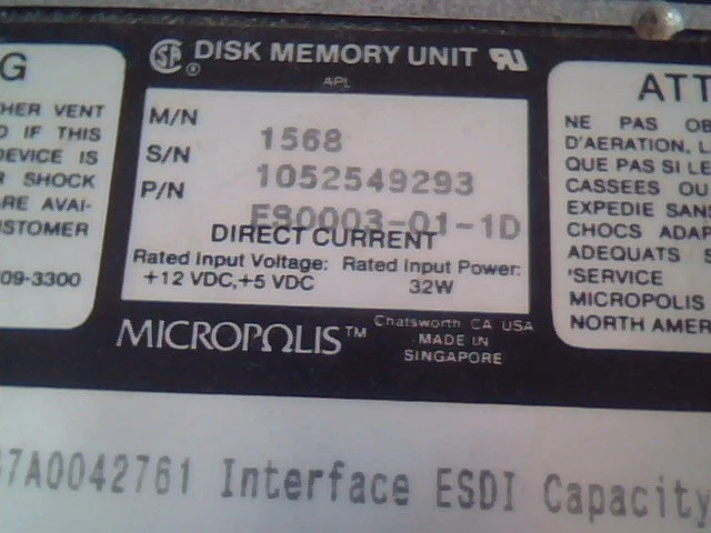 Hard Disk Drive ESDI Micropolis 1568 ES0003-01-1D Disk FH