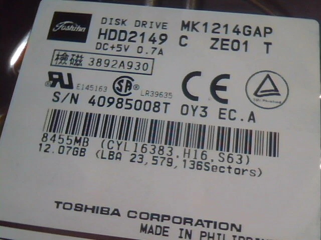 2.5 Hard Drive IDE Toshiba MK1214GAP HDD2149 C ZE01 T 8455MB - image 2