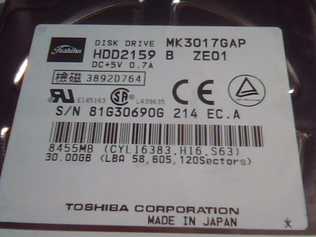 2.5 Hard Disk Drive IDE Toshiba MK3017GAP HDD2159 B ZE01 8455MB - image 2