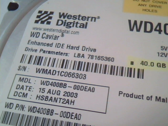 IDE Hard Disk Drive Western Digital WD400 Caviar WD400BB-00DEA0 78165360 40GB - image 2