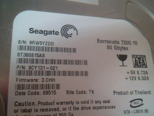 SATA Hard Disk Drive Seagate Barracuda ST380815AS 9CY131021 3.CHH 7200.10 80GB - image 2