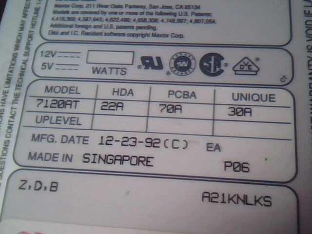 IDE Hard Disk Drive Maxtor 7120AT 22A 70A 30A 12-23-92 A21KNLKS - image 2