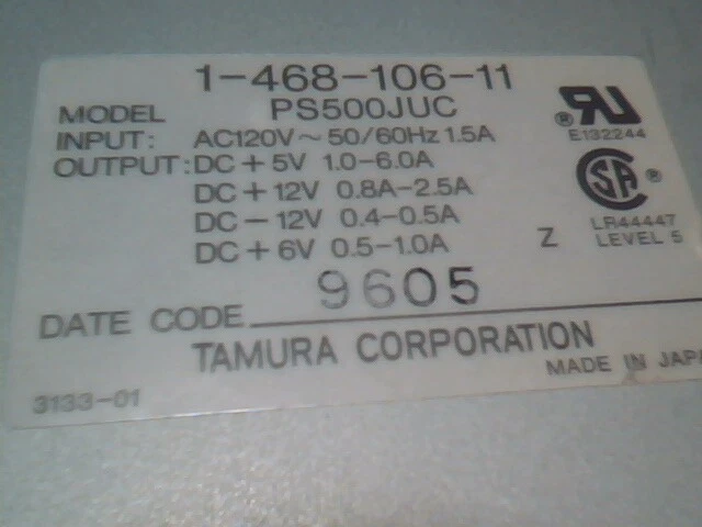 TAMURA Power Supply PS500JUC 120VAC Input Quad Out 6V 5V 12V -12V 1-468-106-11 - image 3