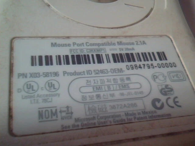 Vintage Microsoft 2.1A Port PS/2 Mouse X03-58196 52463 2-button - Working - image 5