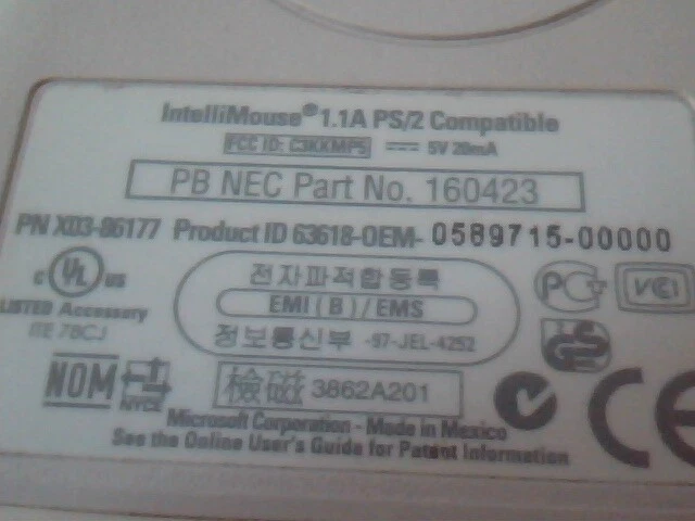 Vintage Microsoft IntelliMouse 1.1A PS/2 X03-86177 NEC 160423 - Working - image 5