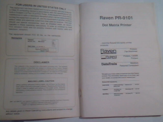 Operating Instruction Manual - Impact Dot Matrix Printer PR-9101 Raven Roland - image 4