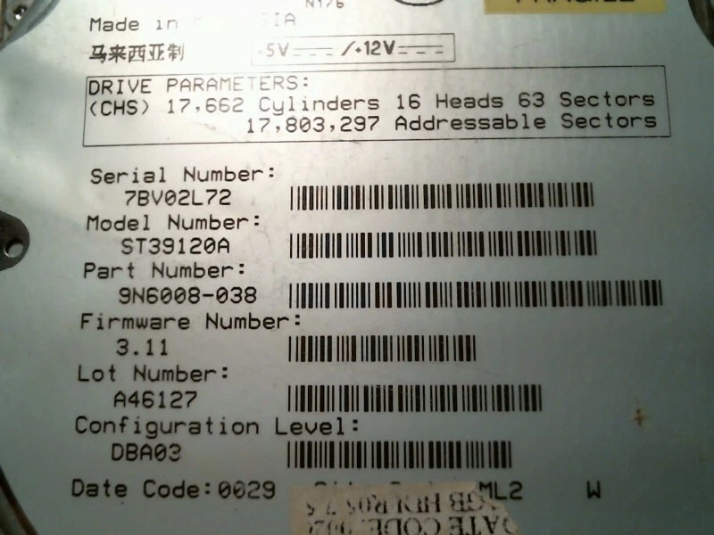 IDE Hard Disk Drive Seagate Barracuda ATA ST39120A 9N6008-038 3.11 A46127 - image 3