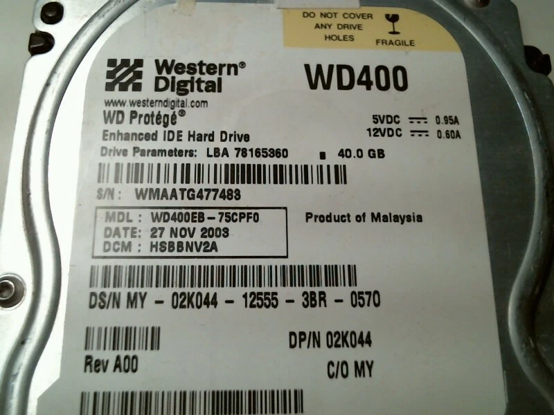 IDE Hard Disk Drive Western Digital Protege WD400EB-75CPF0 HSBBNV2A 40GB 02K044 - image 2