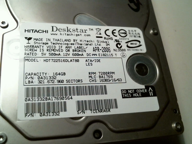IDE Hard Disk Drive Hitachi Deskstar HDT722516DLAT80 0A31332 164GB BA1769 - image 2