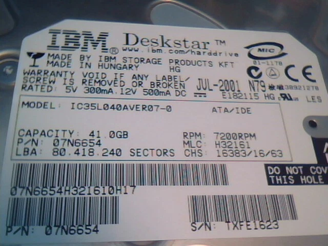 Hard Disk Drive IDE 40pin IBM DeskStar IC35L040AVER07-0 41GB 07N6654 ✅TESTED - image 5