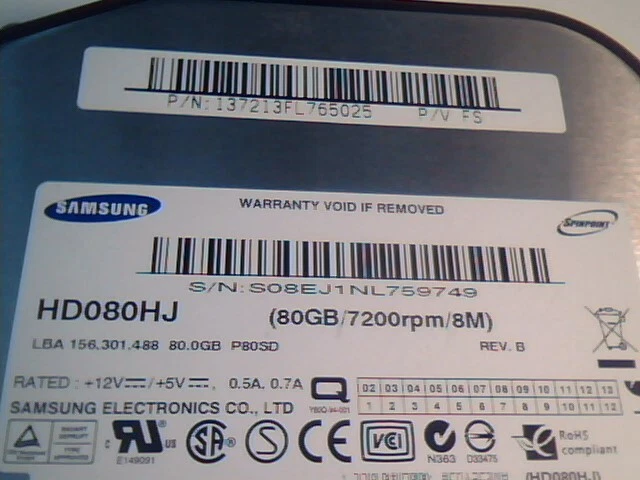 Hard Disk Drive SATA Samsung 80GB HD080HJ 7200-RPM 137213FL765025 P/V FS ✅TESTED - image 4