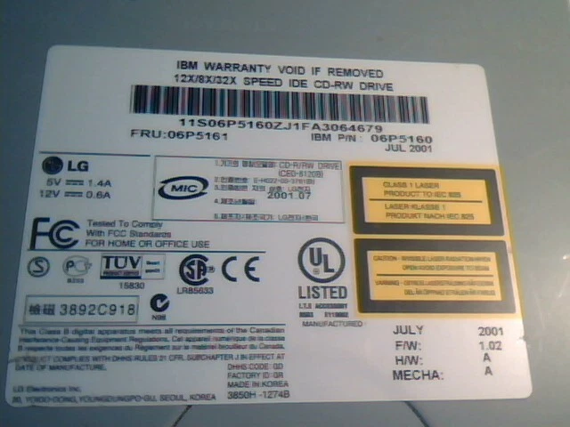 CD-ROM Drive IBM 06P5161 LG CD-R/RW CED-8120B 12X/8X/32X 40-pin IDE ATA✅TESTED - image 5