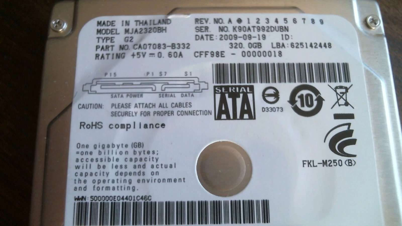 HDD Laptop Hard Disk Fujitsu MJA2320BH G2 CA07083-B332 625142448 320GB SATA - image 2