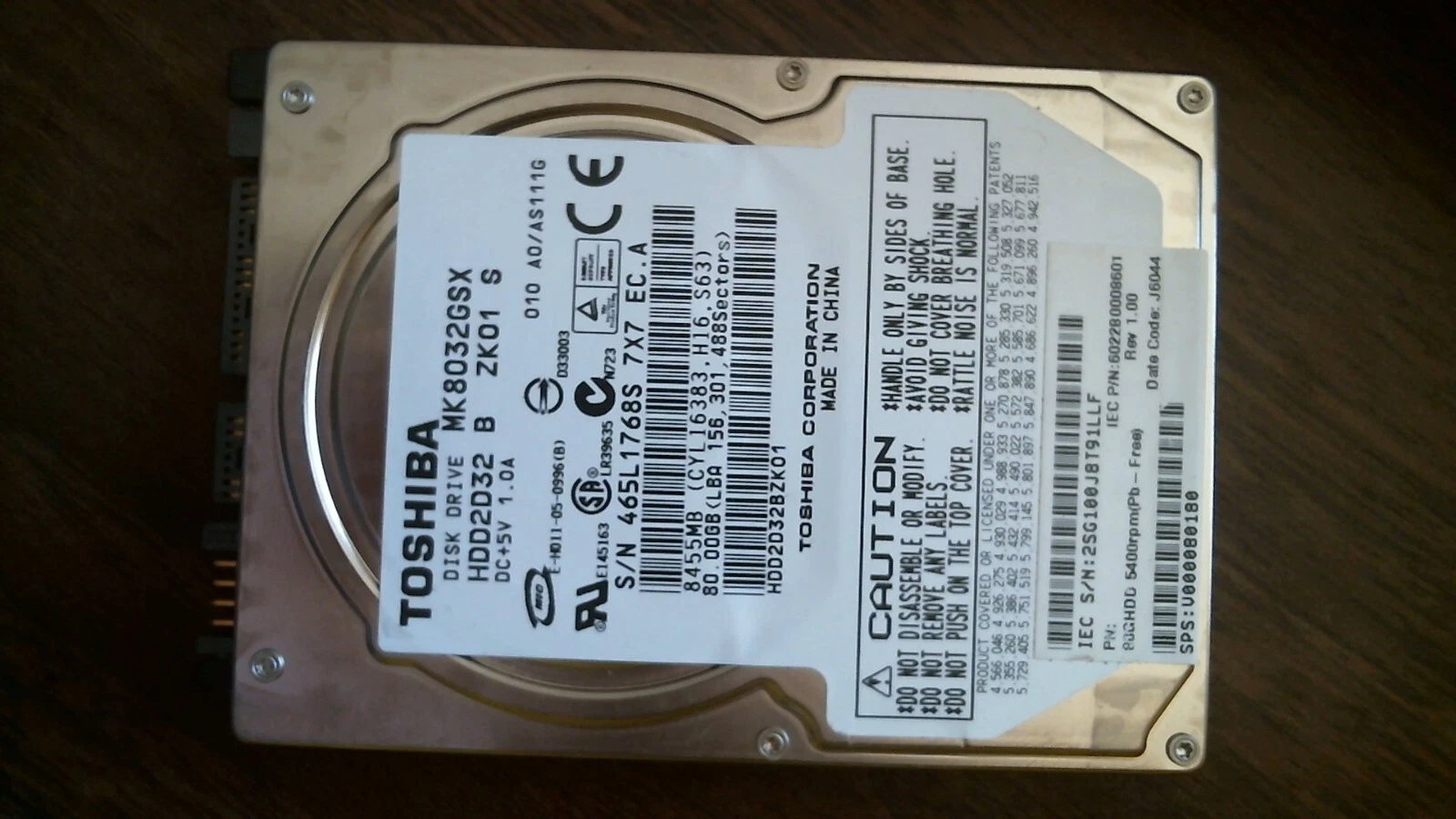 HDD Laptop Hard Disk Toshiba MK8032GSX HDD2D32 B ZK01 S 80GB SATA