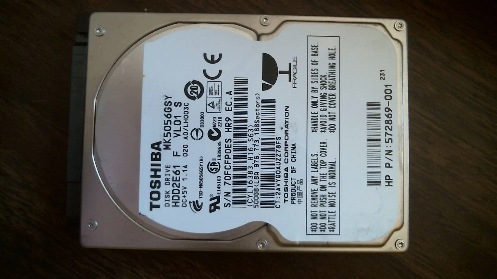 HDD Laptop Hard Disk Toshiba MK5056GSY HDD2E61 F VL01 S 500GB SATA 572869-001