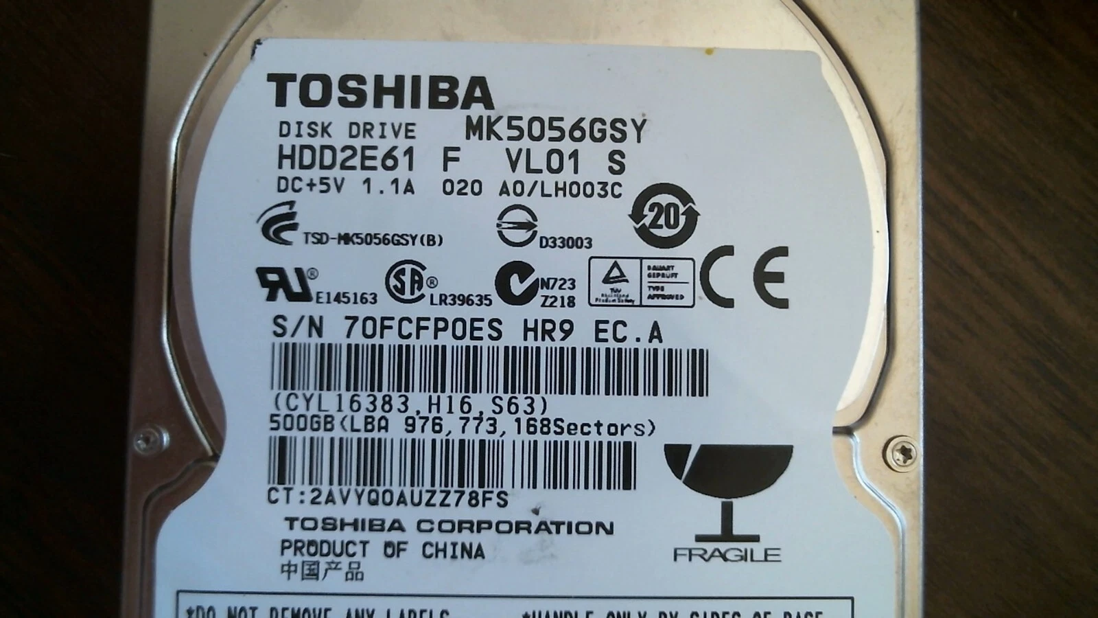 HDD Laptop Hard Disk Toshiba MK5056GSY HDD2E61 F VL01 S 500GB SATA 572869-001 - image 2