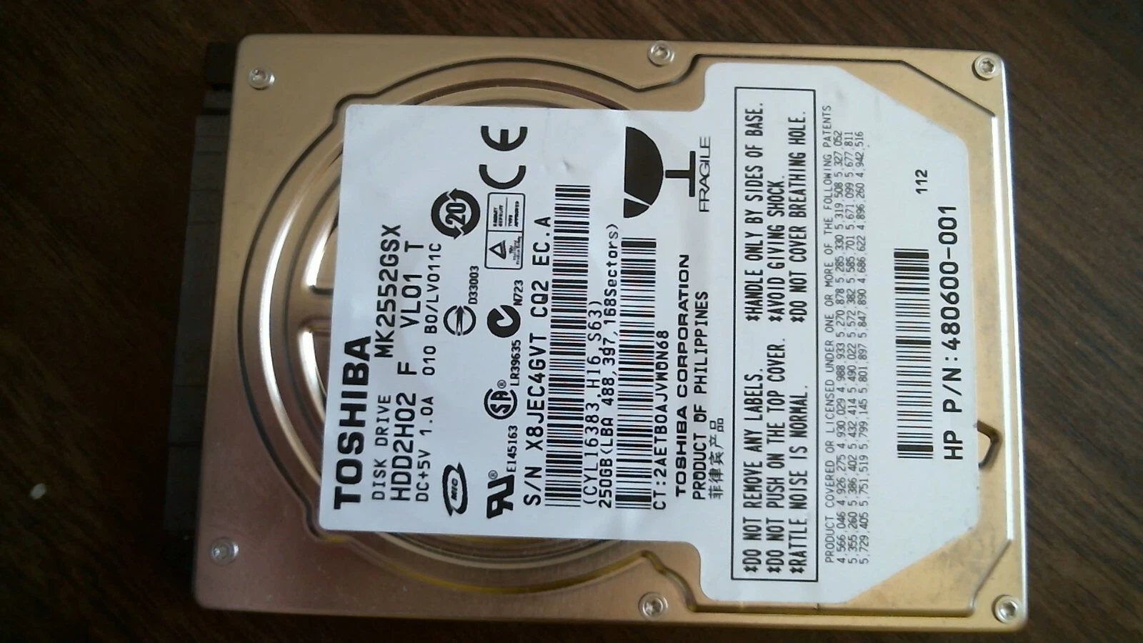 HDD Laptop Hard Disk SATA Toshiba MK2552GSX HDD2H02 F VL01 T 250GB 480600-001