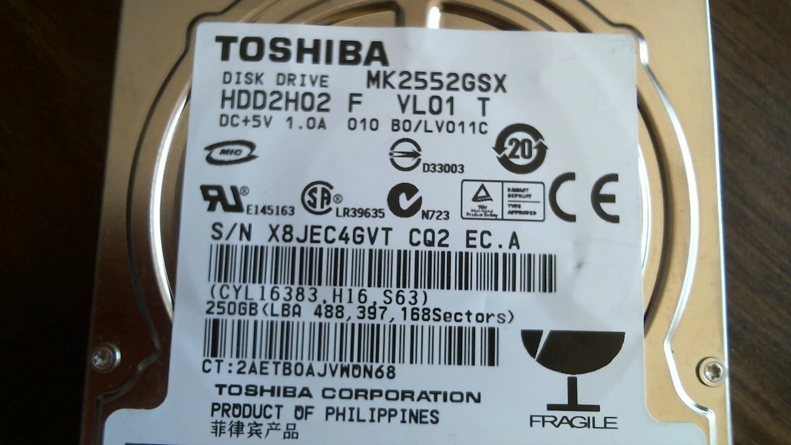 HDD Laptop Hard Disk SATA Toshiba MK2552GSX HDD2H02 F VL01 T 250GB 480600-001 - image 2