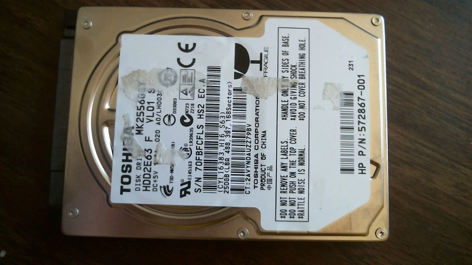 HDD Laptop Hard Disk SATA Toshiba MK2552GSX HDD2H02 F VL01 T 250GB 480600-001